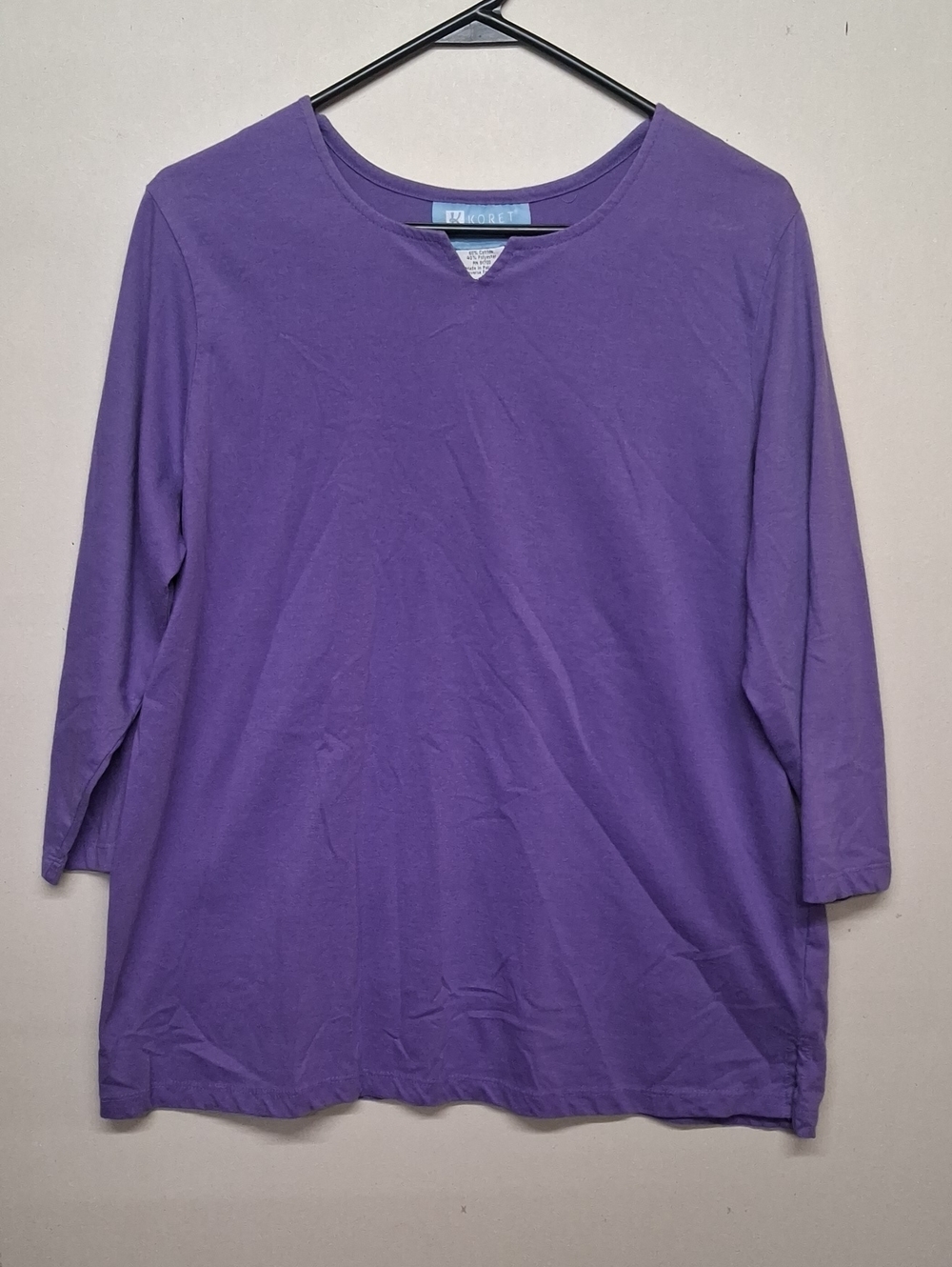 Koret Purple Long Sleeve Notch Crewneck Top